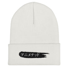 Load image into Gallery viewer, White Cuffed Beanie with Animeted Brand's black paintbrush logo written in Japanese Katakana.