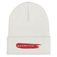 Load image into Gallery viewer, White Cuffed Beanie with Animeted Brand's red paintbrush logo.