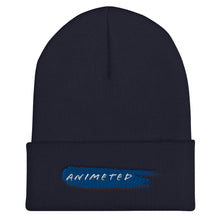 Load image into Gallery viewer, Navy Cuffed Beanie with Animeted Brand's blue paintbrush logo.