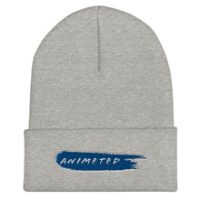 Load image into Gallery viewer, Heather Gray Cuffed Beanie with Animeted Brand's blue paintbrush logo.