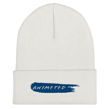 Load image into Gallery viewer, White Cuffed Beanie with Animeted Brand's blue paintbrush logo.