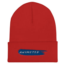 Load image into Gallery viewer, Red Cuffed Beanie with Animeted Brand's blue paintbrush logo.