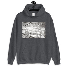 Load image into Gallery viewer, Dark Heather hoodie with a manga inspired design of a loft bedroom where a child is reading a bed time story to his dog.