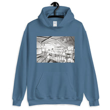 Load image into Gallery viewer, Indigo Blue hoodie with a manga inspired design of a loft bedroom where a child is reading a bed time story to his dog.