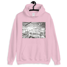 Load image into Gallery viewer, Light Pink hoodie with a manga inspired design of a loft bedroom where a child is reading a bed time story to his dog.