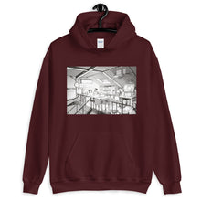 Load image into Gallery viewer, Maroon hoodie with a manga inspired design of a loft bedroom where a child is reading a bed time story to his dog.