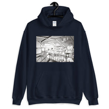 Load image into Gallery viewer, Navy hoodie with a manga inspired design of a loft bedroom where a child is reading a bed time story to his dog.
