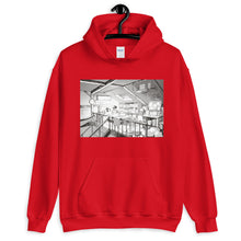 Load image into Gallery viewer, Red hoodie with a manga inspired design of a loft bedroom where a child is reading a bed time story to his dog.