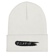Load image into Gallery viewer, White Cuffed Beanie with Animeted Brand&#39;s black paintbrush logo written in Japanese Katakana.

