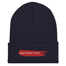 Load image into Gallery viewer, Navy Cuffed Beanie with Animeted Brand&#39;s red paintbrush logo.
