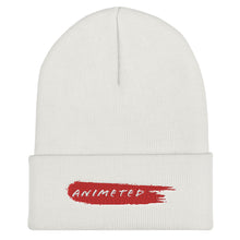 Load image into Gallery viewer, White Cuffed Beanie with Animeted Brand&#39;s red paintbrush logo.
