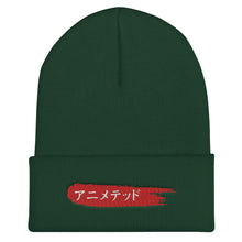 Load image into Gallery viewer, Spruce Cuffed Beanie with Animeted Brand&#39;s red paintbrush logo written in Japanese Katakana.
