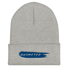 Load image into Gallery viewer, Heather Gray Cuffed Beanie with Animeted Brand&#39;s blue paintbrush logo.
