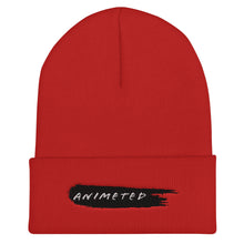 Load image into Gallery viewer, Red Cuffed Beanie with Animeted Brand&#39;s black paintbrush logo.
