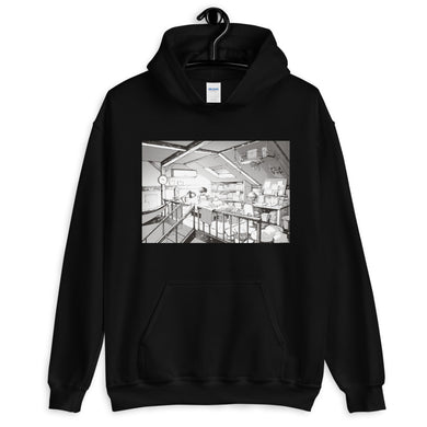 Black hoodie with a manga inspired design of a loft bedroom where a child is reading a bed time story to his dog.