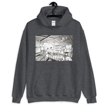 Load image into Gallery viewer, Dark Heather hoodie with a manga inspired design of a loft bedroom where a child is reading a bed time story to his dog.
