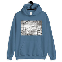 Load image into Gallery viewer, Indigo Blue hoodie with a manga inspired design of a loft bedroom where a child is reading a bed time story to his dog.
