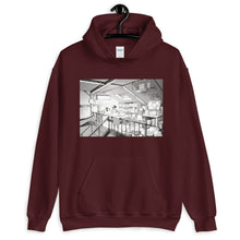 Load image into Gallery viewer, Maroon hoodie with a manga inspired design of a loft bedroom where a child is reading a bed time story to his dog.
