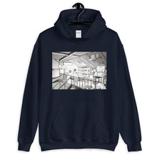 Load image into Gallery viewer, Navy hoodie with a manga inspired design of a loft bedroom where a child is reading a bed time story to his dog.
