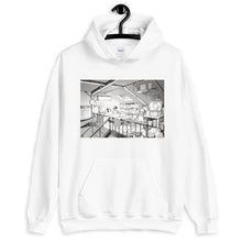 Load image into Gallery viewer, White hoodie with a manga inspired design of a loft bedroom where a child is reading a bed time story to his dog.
